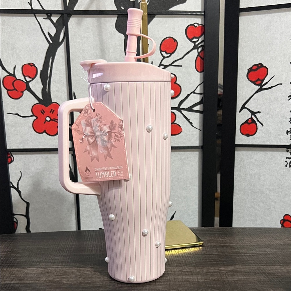 Wellness Pink Pearl-Embellished Insulated Tumbler with Handle